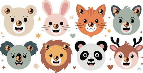 Fototapeta premium Cute Woodland Animal Face Vector Collection with Bear, Bunny, Fox, Wolf, Koala, Lion, Panda, and Deer Cartoon Character Icons