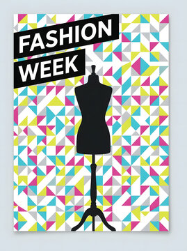 Fashion week event poster with mannequin. Stylish tailor dummy on geometric background.