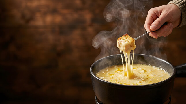 Hand Holding Fondue Fork Lifting Bread Cube with Stretchy Melted Cheese from Hot Steaming Pot