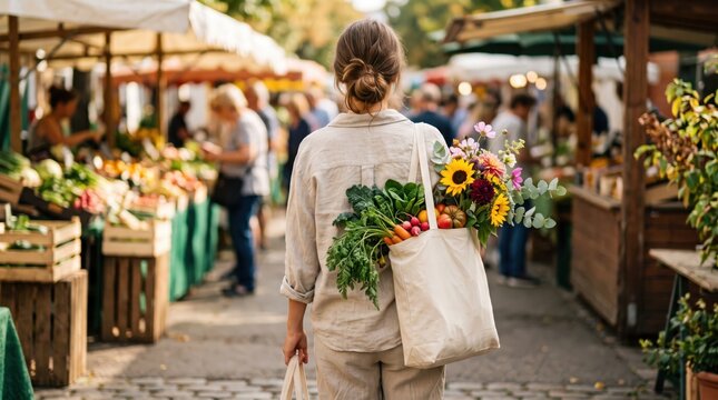 Back view of woman walking through busy farmers market with canvas tote bag full of fresh vegetables and colorful flowers, weekend shopping, community gathering, seasonal harvest