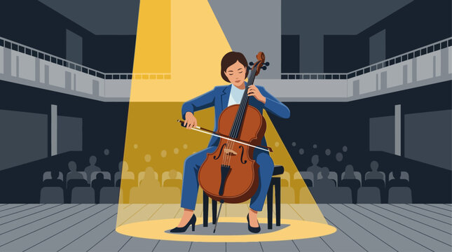 A minimalist flat design illustration depicts a musician gracefully playing a cello on stage, symbolizing the classical music concerts at the Edinburgh International Festival. 