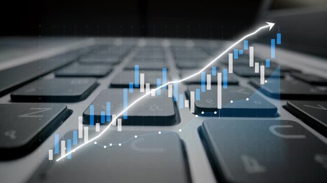 This image portrays a keyboard with financial growth indicators shown through a chart representing market analysis and investment strategies in the digital age. Copula