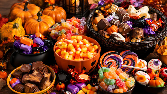 Halloween Candy and Pumpkin Treats Display | Colorful Trick or Treat Sweets Table | Festive Autumn Candy Bowls Background