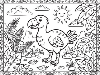 Fototapeta premium Cute cartoon dodo bird coloring page for kids, prehistoric tropical forest landscape lineart outline for educational art activity, black and white sketch.