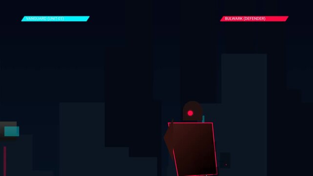2D animation of a futuristic cyber duel between two robots where Vanguard shoots a powerful blue energy beam at Bulwark who tries to defend with a red shield but gets destroyed