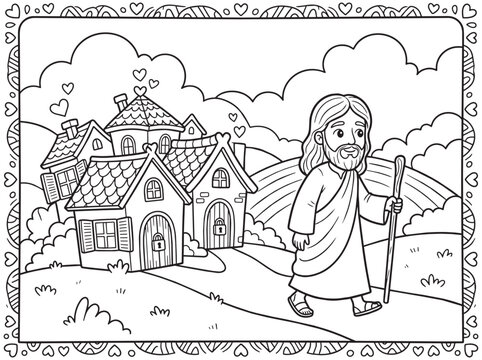 Coloring page for kids featuring Jesus walking with a staff through a village, line art activity for children, biblical outline illustration for educational religious crafts.