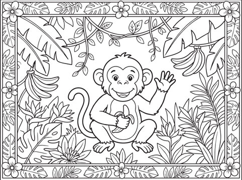 Coloring book page for kids featuring a cute cartoon monkey in a jungle setting, waving and holding a banana with tropical leaves and floral outline illustration.