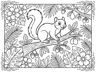 Fototapeta premium Cute Squirrel Coloring Page for Kids featuring a Squirrel on a Forest Tree Branch with Acorns and Flowers, Kid Activity Lineart Outline Illustration