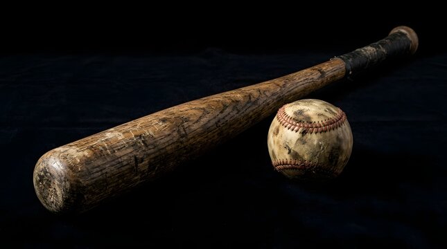 Old wooden baseball bat and worn ball. Vintage sports equipment on a black background.
