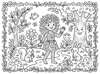 Fototapeta premium Whimsical Forest Fairy and Cute Animals Coloring Page for Kids, Magical Nature Lineart Activity Featuring Squirrel Rabbit Owl and Smiling Trees Outline Illustration
