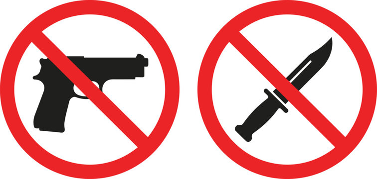 Prohibited Weapons Sign Set Featuring Red Ban Slash Over Handgun Pistol Silhouette and Combat Knife Blade VectorsProhibited Weapons Sign Set Featuring Red Ban Slash Over Handgun Pistol Silhouette and 