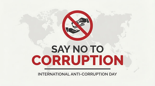 International anti corruption day awareness poster featuring global map silhouette symbolizing ethical governance with background prohibition symbol