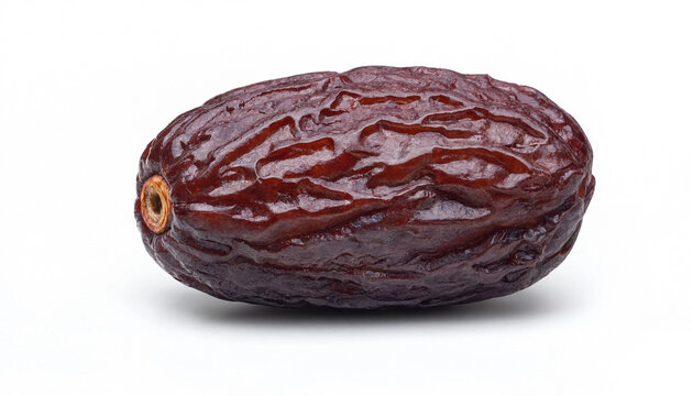 Single ripe Medjool date with wrinkled texture background.