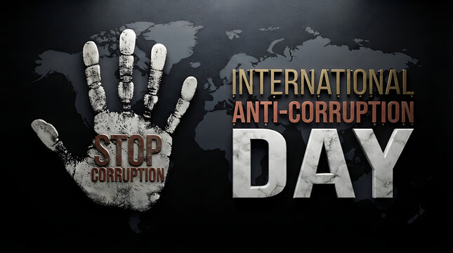 International anti corruption day conceptual poster design featuring a textured handprint symbol against a dark world map background with symbolic handprint stop