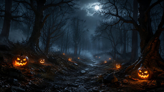 Spooky Halloween Forest Path With Jack O Lanterns | Haunted Woods Under Full Moon | Dark Fantasy Pumpkin Trail Background