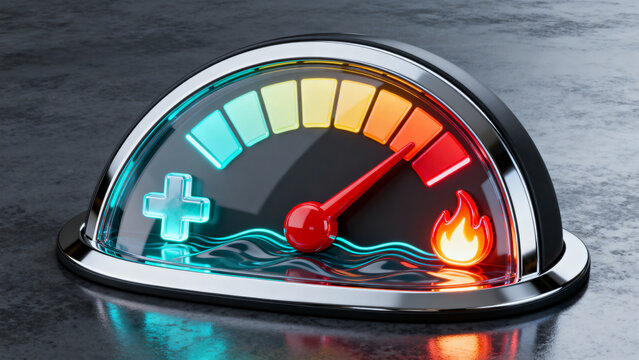 Glowing dashboard gauge with red needle pointing to fire flame indicator, representing high temperature, risk, pressure, and maximum performance limit.
