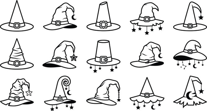 Halloween witch hat outline vector icon set