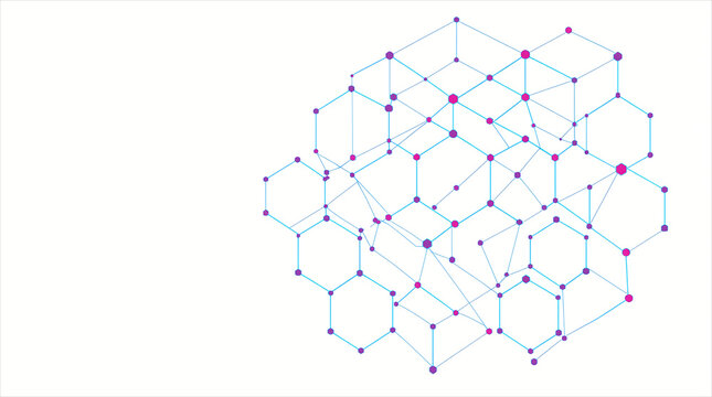 Abstract geometric lattice of hexagonal network nodes with blue and purple connecting lines on a white background