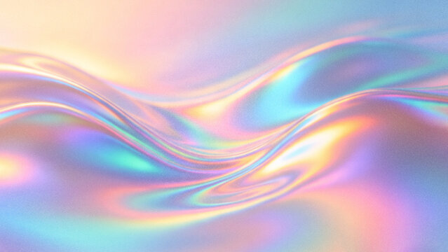 Abstract grainy background with iridescent rainbow holographic liquid waves and fluid metallic chrome folds for futuristic creative presentation design web backdrops.
