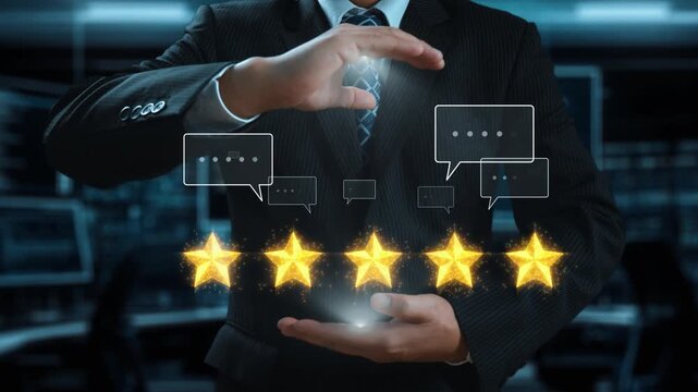 A businessman showcases a digital five-star rating with floating speech bubbles in a modern office, symbolizing online reputation and customer feedback in business. Qubit