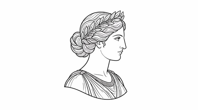 Elegant Classical Greek Goddess Profile Illustration with Laurel Wreath and Chiton