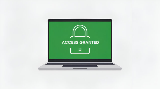 Laptop screen showing access granted. Cyber security concept with digital padlock icon.