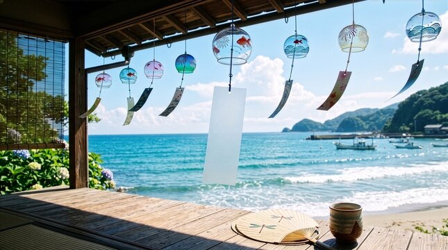 Japanese Glass Wind Chimes Hanging on Porch Overlooking Blue Ocean with Fan and Tea in Summer 青い海が見える伝統的な日本の家の縁側に吊るされた風鈴とうちわとお茶の夏の風物詩風景素材