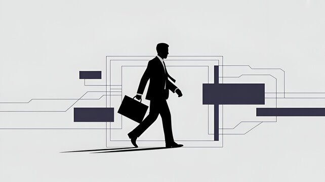 Businessman walking with briefcase. Corporate professional moving forward in digital space.