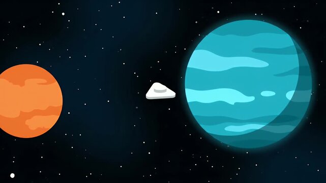 Flat vector illustration of a spaceship flying between an orange planet and a large blue gas giant in starry deep space