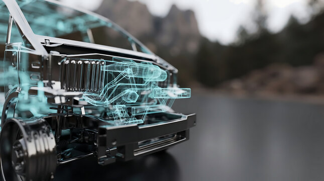 APV Minivan Hologram Built from Chrome Metal Overlooking a Blurred Suburban Mountain Road