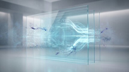 Obraz premium Futuristic Glass Panels with Glowing Digital Data Flow and Optical Circuits