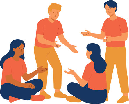 Group discussion flat vector illustration with young people talking and sitting together