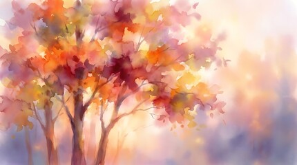 Fototapeta premium Vibrant Watercolor Tree With Autumn Leaves In Soft Blurred Background For Seasonal Art And Design