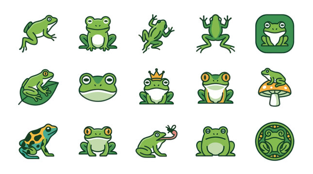 Cute green frog mascot character and icon set.