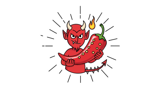 Devil Holding Fiery Chili Pepper with Flames and Rays
