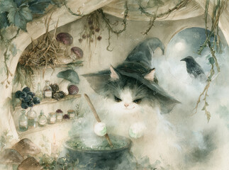 Obraz premium Witch cat stirs a glowing potion inside a cozy forest workshop in watercolor