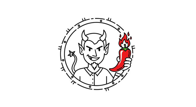 Devil Holding Spicy Chili Pepper with Flame in a Circle