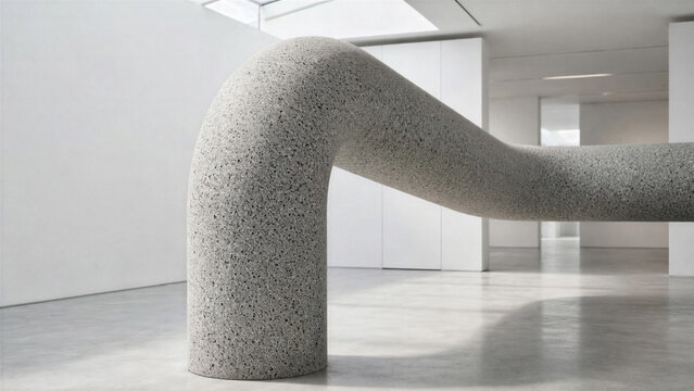 Solid granite stone column in a gallery bending at a smooth ninety degree angle like a soft rubber pipe