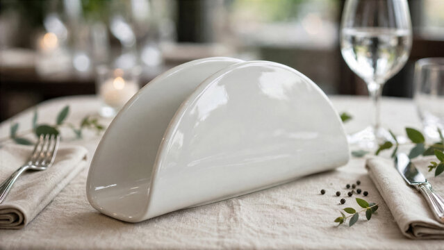 Glossy ceramic dinner plate folding in half smoothly like a soft taco shell empty plate table setting