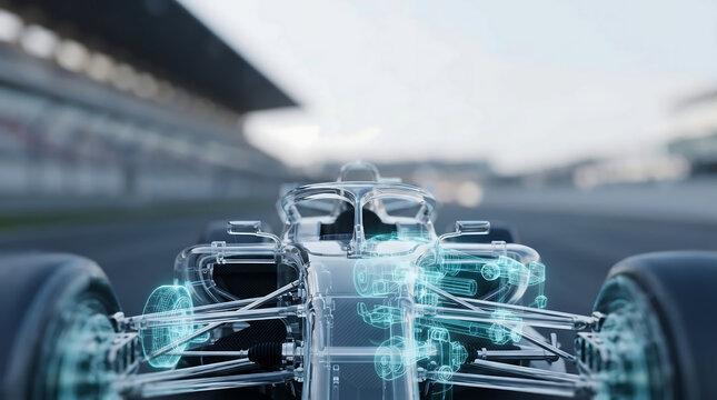 Formula Race Car Hologram Built from Clear Glass Overlooking a Blurred Asphalt Racetrack Grandstand