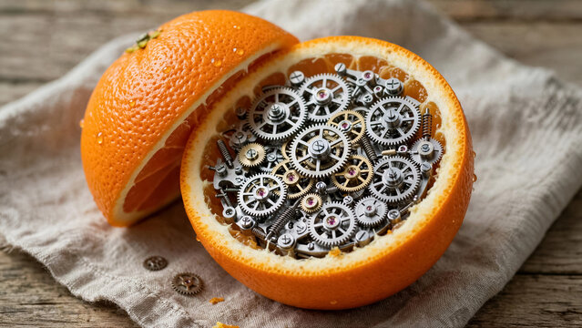 Fresh orange fruit cut in half to reveal a complex network of shiny silver clockwork gears inside pulp