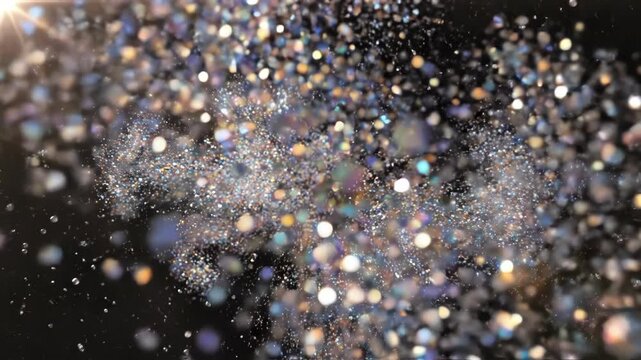 Microscopic reflective crystalline particles floating in zero gravity with bright lens flare and cinematic bokeh highlights against a dark background, scientific or cosmic concept.