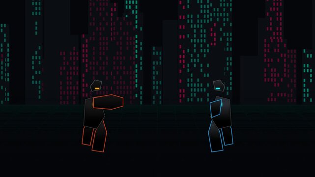 Retro cyber mecha showdown with laser beam attack and shield defense in a futuristic city at night