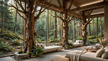 Fototapeta premium High-end architectural photography of a forest wellness spa with timber pillars resembling tree trunks