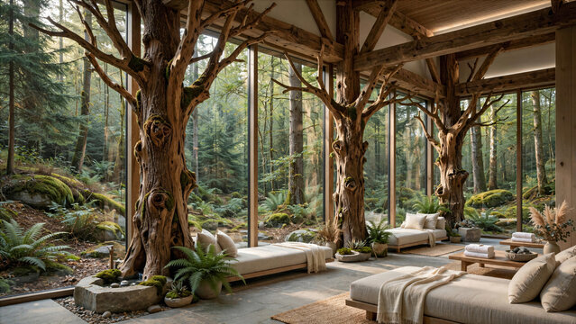 High-end architectural photography of a forest wellness spa with timber pillars resembling tree trunks