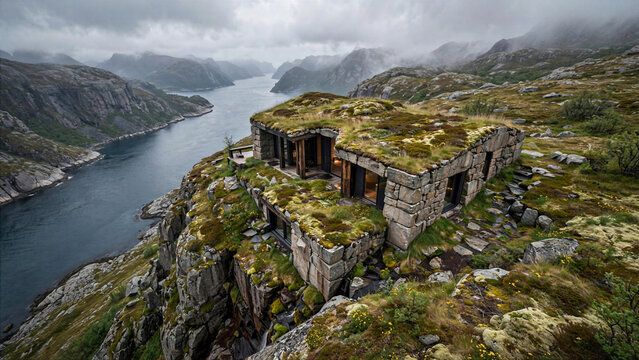 Aerial cinematic view of a sustainable cliffside villa in Norway with turf roof integrated into tundra