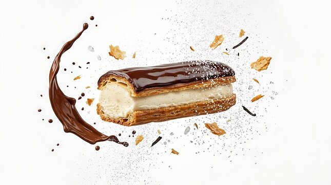 Chocolate eclair with cream filling. Sweet pastry dessert with dynamic chocolate splash.