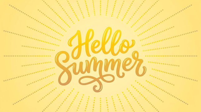 Bright Yellow Hello Summer Text With Radiating Sunburst Rays On Light Background For Greeting Card Or Poster Design
