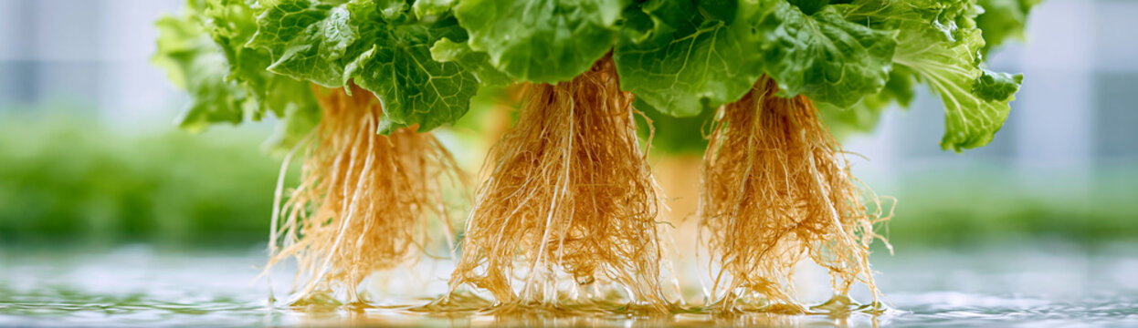 Fresh hydroponic lettuce plants with visible roots growing in nutrient-rich water under controlled conditions.