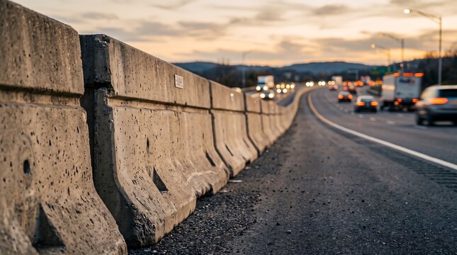 A concrete barrier lines a busy highway at dusk, with traffic flowing in both directions under a cloudy sky.